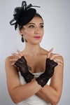 Siyah Parmaksız Dantel Gelin Eldiveni Düğün Nikah Aksesuarı Fascinator Şapka Seti