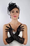 Siyah Saten Çift Fiyonk Kısa Gelin Eldiveni Düğün Nikah Aksesuarı Fascinator Şapka