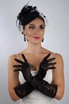 Siyah Saten Çift Fiyonk Kısa Gelin Eldiveni Düğün Nikah Aksesuarı Fascinator Şapka