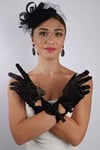 Siyah Saten Çift Fiyonklu Gelin Eldiveni Düğün Nikah Aksesuarı Fascinator Şapka Seti