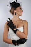 Siyah Saten Çift Fiyonklu Gelin Eldiveni Düğün Nikah Aksesuarı Fascinator Şapka Seti