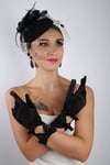 Siyah Saten Fiyonklu Gelin Eldiveni Düğün Nikah Aksesuarı Fascinator Şapka Seti