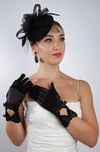 Siyah Saten Kısa Dantelli Gelin Eldiveni Düğün Nikah Aksesuarı Fascinator Şapka Seti
