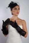 Siyah Saten Kısa Gelin Eldiveni Düğün Nikah Aksesuarı Fascinator Şapka Se