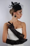 Siyah Saten Kısa Gelin Eldiveni Düğün Nikah Aksesuarı Fascinator Şapka Se