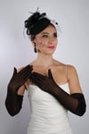Siyah Saten Tül Gelin Eldiveni ve Düğün Nikah Fascinator Şapka Seti
