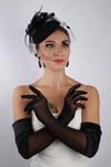 Siyah Saten Tül Gelin Eldiveni ve Düğün Nikah Fascinator Şapka Seti