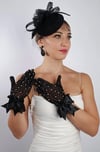 Siyah Tül Taşlı Abiye Eldiven ve Tüylü Fascinator Şapka Set