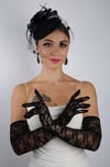 Siyah Uzun Dantelli Fiyonklu Gelin Eldiveni Düğün Nikah Fascinator Şapka Seti