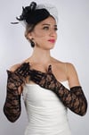 Siyah Uzun Dantelli Fiyonklu Gelin Eldiveni Düğün Nikah Fascinator Şapka Seti
