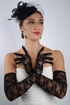 Siyah Uzun Dantelli Fiyonklu Gelin Eldiveni Düğün Nikah Fascinator Şapka Seti