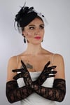 Siyah Uzun Dantelli Fiyonklu Gelin Eldiveni Düğün Nikah Fascinator Şapka Seti