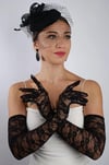 Siyah Uzun Dantelli Fiyonklu Gelin Eldiveni Düğün Nikah Fascinator Şapka Seti