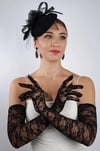 Siyah Uzun Saten Dantelli Fiyonklu Gelin Eldiveni Düğün Nikah Fascinator Şapka Seti