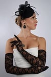 Siyah Uzun Saten Dantelli Fiyonklu Gelin Eldiveni Düğün Nikah Fascinator Şapka Seti