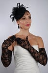 Siyah Uzun Saten Dantelli Fiyonklu Gelin Eldiveni Düğün Nikah Fascinator Şapka Seti