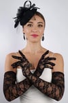 Siyah Uzun Saten Dantelli Fiyonklu Gelin Eldiveni Düğün Nikah Fascinator Şapka Seti