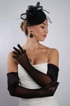 Siyah Yarı Saten Tül Gelin Eldiveni ve Düğün Nikah Fascinator Şapka Seti