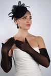 Siyah Yarı Saten Tül Gelin Eldiveni ve Düğün Nikah Fascinator Şapka Seti