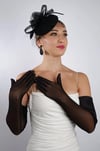 Siyah Yarı Saten Tül Gelin Eldiveni ve Düğün Nikah Fascinator Şapka Seti