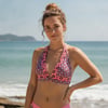 Kadın Plaj Giyim Gül Kurusu Çiçek Desenli Boyundan Geçmeli Bikini Üst BB2559