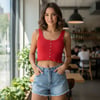 Kadın Triko Kalın Askılı Kırmızı Renk Crop Tshirt BB2745