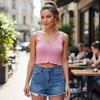 Kadın Triko Kalın Askılı Pembe Renk Crop Tshirt BB2746