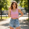 Kadın Triko Kalın Askılı Pembe Renk Crop Tshirt BB2746