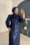 Omuzu Tüy Detaylı Taşlı Abiye | Lacivert