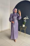 Omuzu Tüy Detaylı Taşlı Abiye | Lila