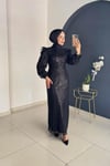 Omuzu Tüy Detaylı Taşlı Abiye | Siyah