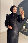 Omuzu Tüy Detaylı Taşlı Abiye | Siyah
