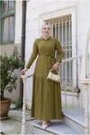 Yakası Taşlı Elbise | Yağ Yeşili