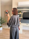 Antrasit Taşlı Yarasa Kol Bluz Pantolon Takım
