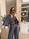 Antrasit Taşlı Yarasa Kol Bluz Pantolon Takım