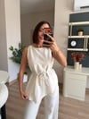 Bej Keten Asimetrik Kesim Bluz Pantolon Takım