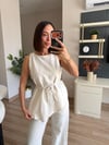 Bej Keten Asimetrik Kesim Bluz Pantolon Takım