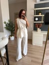 Bej Keten Asimetrik Kesim Bluz Pantolon Takım
