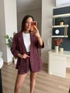 Bordo keten ceket kemerli şort takım