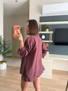 Bordo keten ceket kemerli şort takım