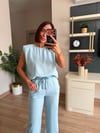 Buz Mavisi Tensel Vatkalı Bluz Pantolon Takım