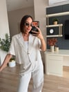 Çizgili Keten Kısa Kollu Ceket Pantolon Takım