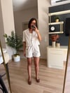 Çizgili Keten Kısa Kollu Ceket Şort Takım