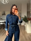 Gece Mavisi Denim Pelerinli Tulum