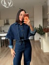 Gece Mavisi Denim Pelerinli Tulum