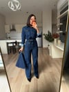 Gece Mavisi Denim Pelerinli Tulum