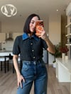 Gri Denim Yaka Kısa Kollu Kazak