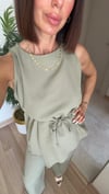 Haki Keten Asimetrik Kesim Bluz Pantolon Takım