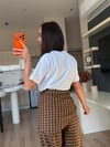 Kahve Ekose Desen Bağlama Detaylı Pantolon
