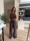 Kahve krinkıl kumaş crop pantolon takım